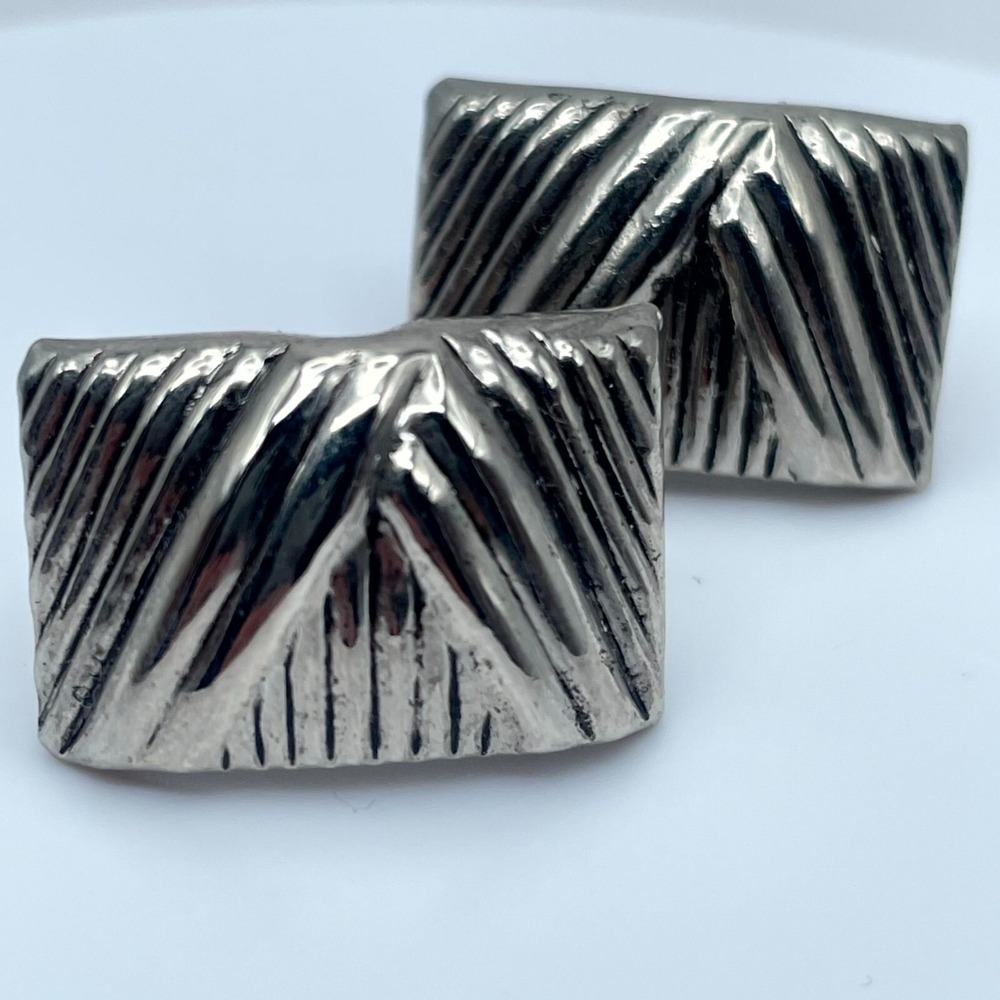 Vintage Silver-Tone Square Shaped Textured Engraved Metal Stud Clip-On Earrings